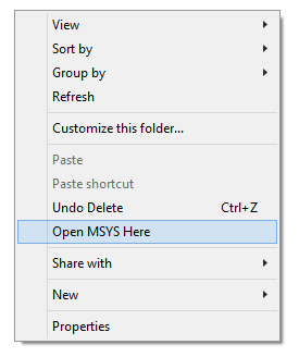 Right click context menu showing Open MSYS here
option.